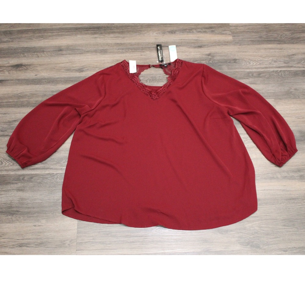 Papermoon Womens 3X Burgundy Red Lace Trim V Neck‎ Long Sleeve Blouse Top